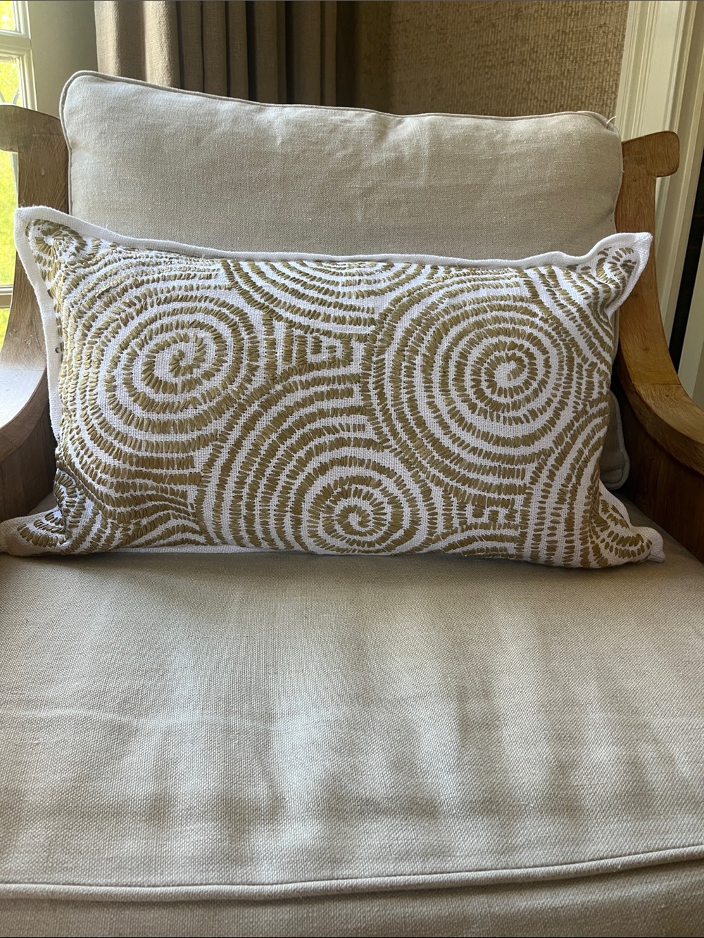 Serena & Lily White Lumbar Pillow with Tan Spiral Embroidery